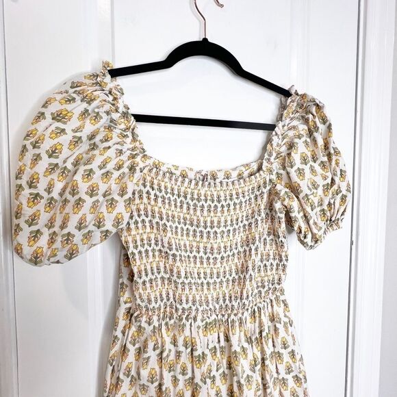 Dizzy Lizzy Shirred Floral Print Mini Dress Size M Cotton White Yellow - Picture 6 of 7